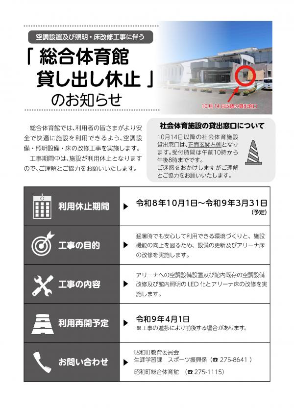 総合体育館貸し出し休止のお知らせ
